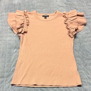 Express Ruffle Top, Beige, Tan, Ribbed, Short-Sleeve Shirt, Boho, Size M